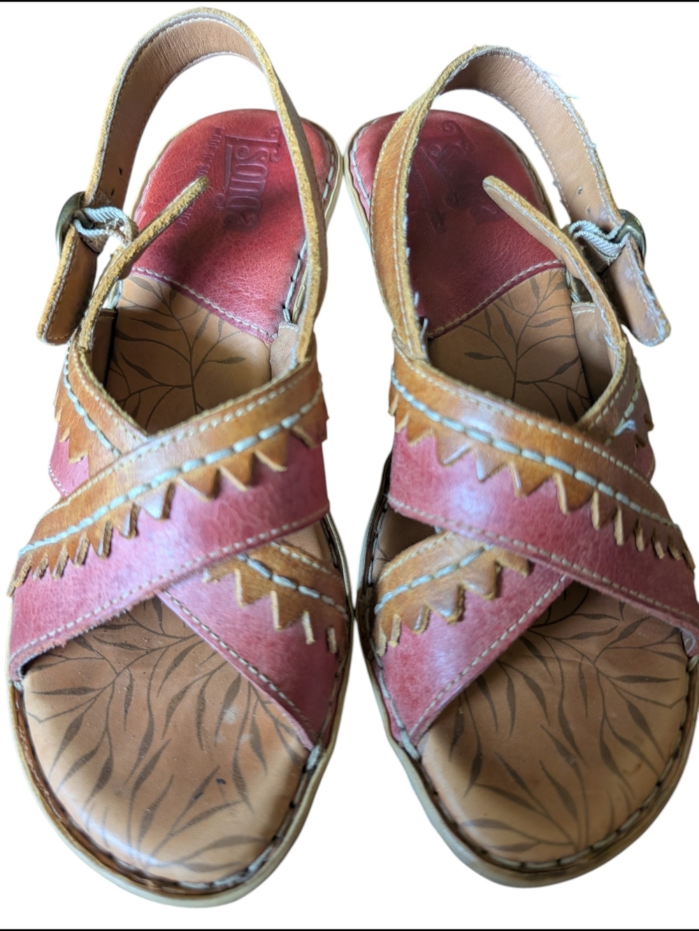 Tsonga leather wedge sandals featuring Red and tan multi-strap cross-over